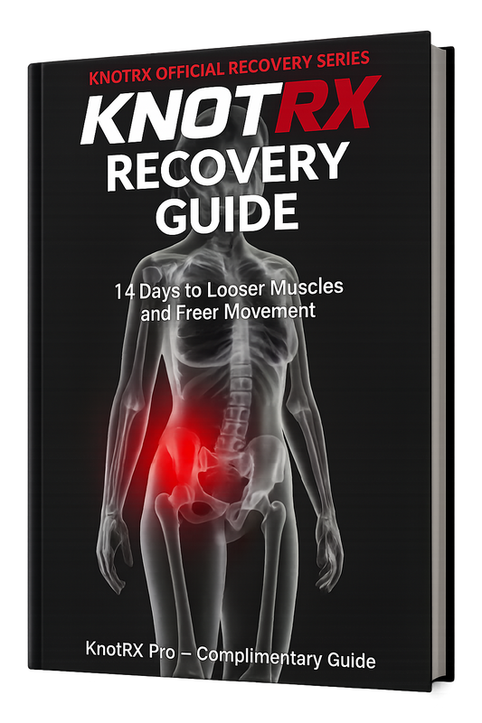 KnotRX Recovery Guide book cover with an X-ray image of a spine on a black background