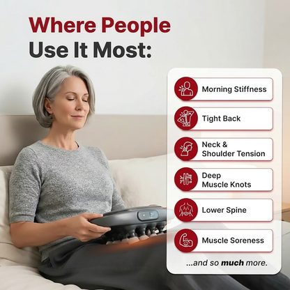 KNOTRX TheraPulse back massager showing targeted muscle groups and body area coverage